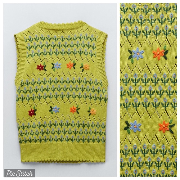 NWT. Zara V-neck Floral Knit Vest with Handcrafting. Size S. - Picture 2 of 6